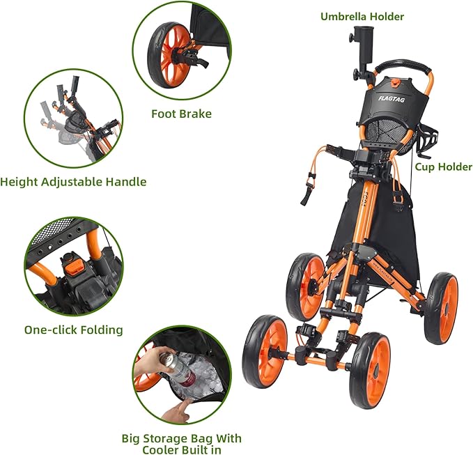 FLAGTAG Golf Push Cart 4-Wheels,Folding Golf Cart, Golf Pull cart with Cup Holder,Umbrella Holder,Cooler Bag, Foldable with one-Click,Handle Height Adjustable,Drink Holder,Walking Push cart