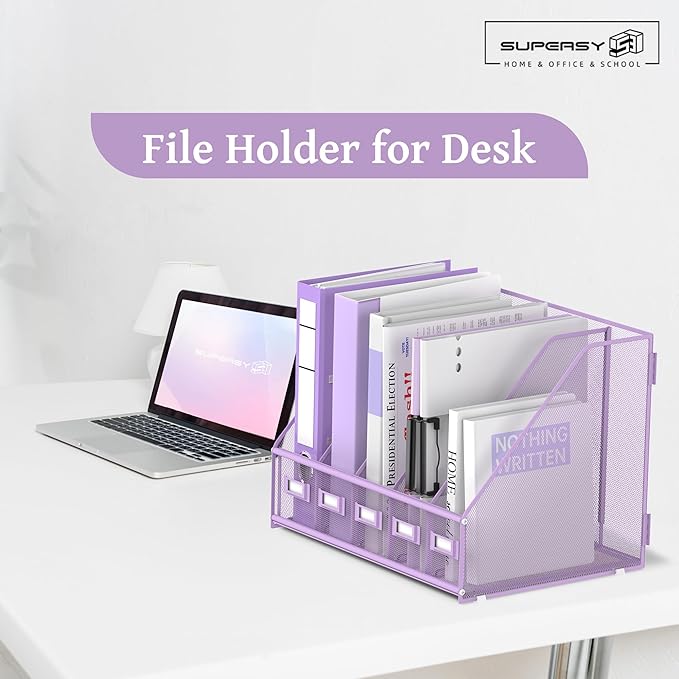 SUPEASY Desk Organizers Metal Desk Magazine File Holder with 5 Vertical Compartments Rack File Organizer for Office Desktop, Home Workspace, Purple Plus