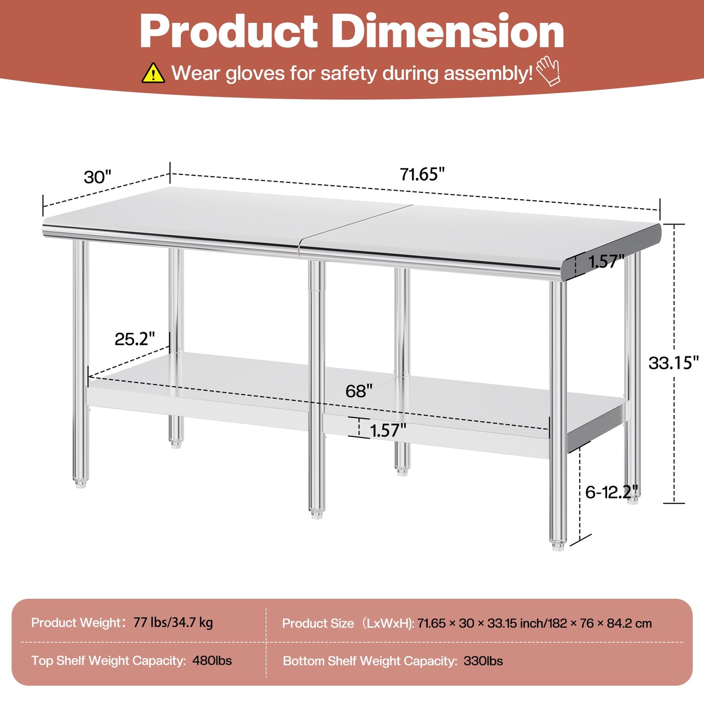 Jocisland 30" x 72" Stainless Steel Table for Prep & Work, Food-Grade Stainless Steel Adjustable Under Shelf and Feet, for Commercial Kitchen, Restaurant, Hotel, Garage
