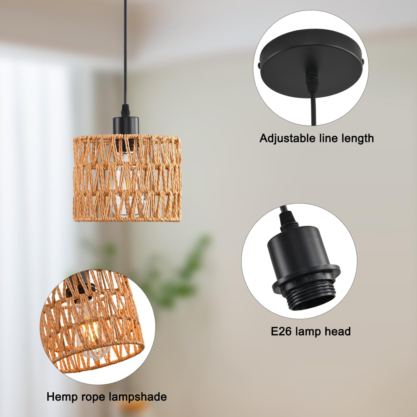 Woven Pendant Light Boho Chandelier, Rattan Pendant Lights Kitchen Island, Farmhouse Pendant Lighting with Hand Woven Wicker Shade, Boho Chandelier Light Fixtures Ceiling Hanging Light
