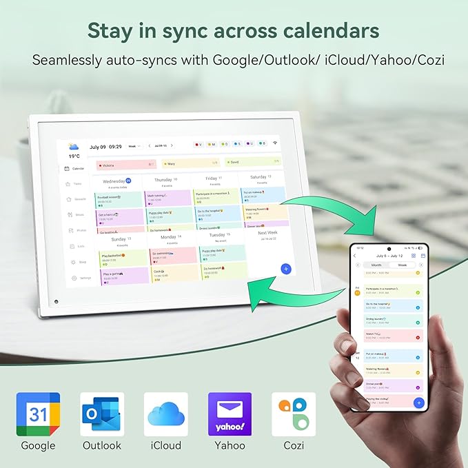 10.1 Inch WiFi Digital Calendar, Smart Touchscreen Interactive Display for Family Schedules Chore Chart, Meal Planner, To Do List, Smart Sync Switchable Digital Photo Frame w/Desk Stand