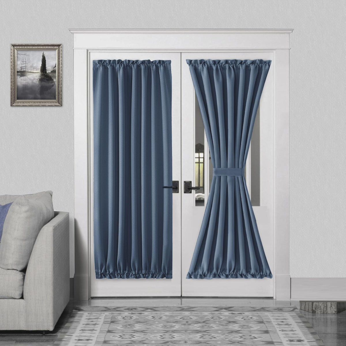 DWCN French Door Curtains – Rod Pocket Thermal Blackout Curtain for Doors with Glass Window, Kitchen and Patio Doors for Privacy, 54 X 72 Inches Long, 1 Curtain Panel with Tieback,Dusty Blue