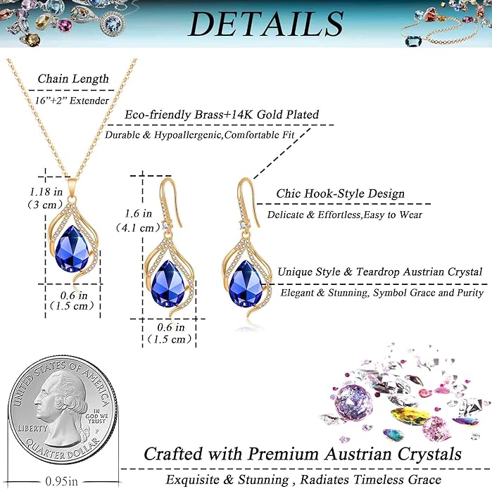 EVEVIC Austrian Crystals Teardrop Hollow Twisted Pendant Necklace Earrings for Women 14K Gold Plated Halo Drop Dangle Earrings Hypoallergenic Jewelry Set