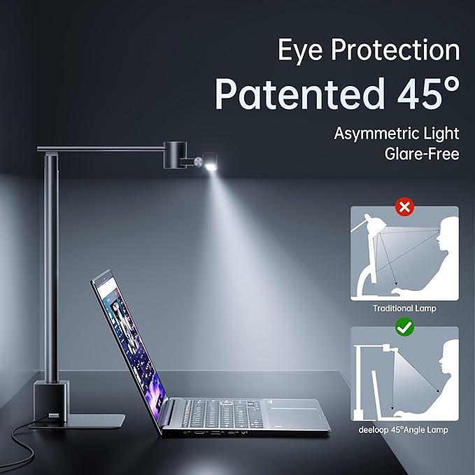 deeloop 2-in-1 LED Desk Lamp or Clamp with USB Charging for Home Office, CRI 95+ for Sunlight-Like Spectrum, 45° Asymmetric Glare‑Free Light, Memory Dimming Desk Light, Full‑Angle 3‑Axis Office Lamp
