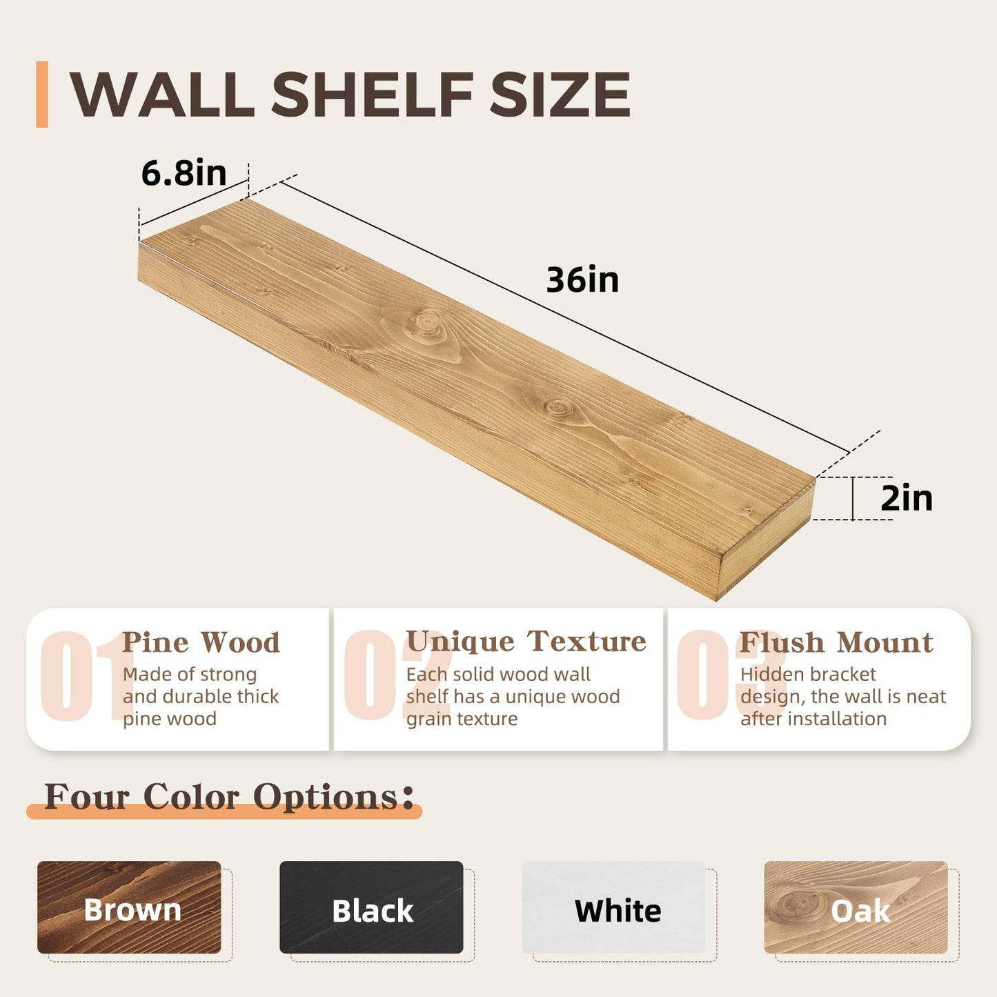YLYHSST 36x6.8x2 Inch Rustic Floating Shelves for Wall Set of 2 - Oak Solid Wood Wall Mounted Shelves with Invisible Bracket, Extended Design for Farmhouse Living Room Bedroom Kitchen Decor