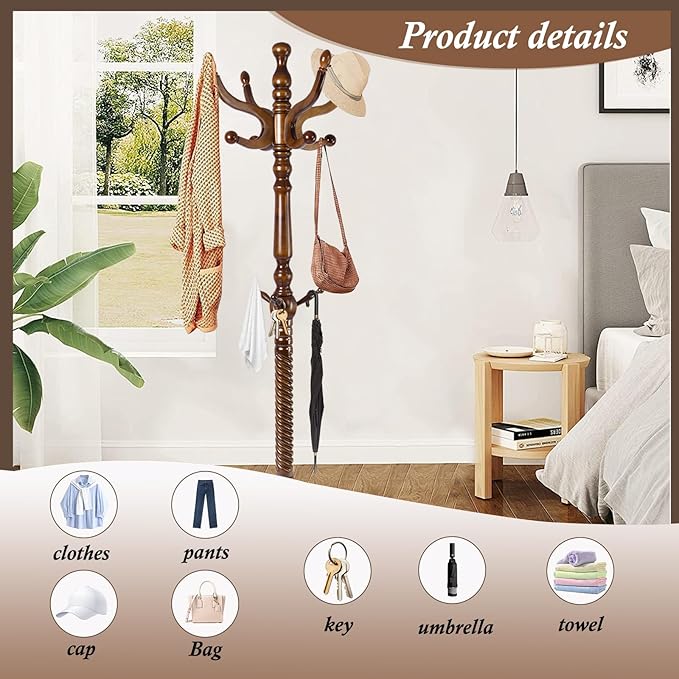 Wooden Coat Rack Freestanding, Vintage Coat Racks with Sturdy Round Base, Adjustable Height 37.40"-72.83" Entrance Coat Rack for Bedroom Living Room Entryway (Vintage Circular)