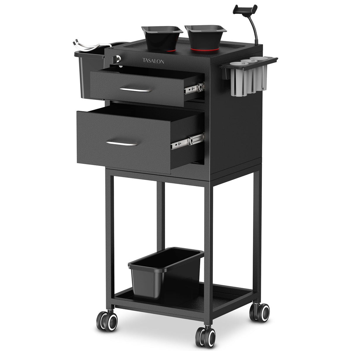 TASALON Salon Trolley Cart with Wheels, 2 Magnetic Bowls & Drawers | Mobile Hair Stylist Station for Tools Storage, Rolling Organizer Cart for Barber & Tattoo Supplies - Balck