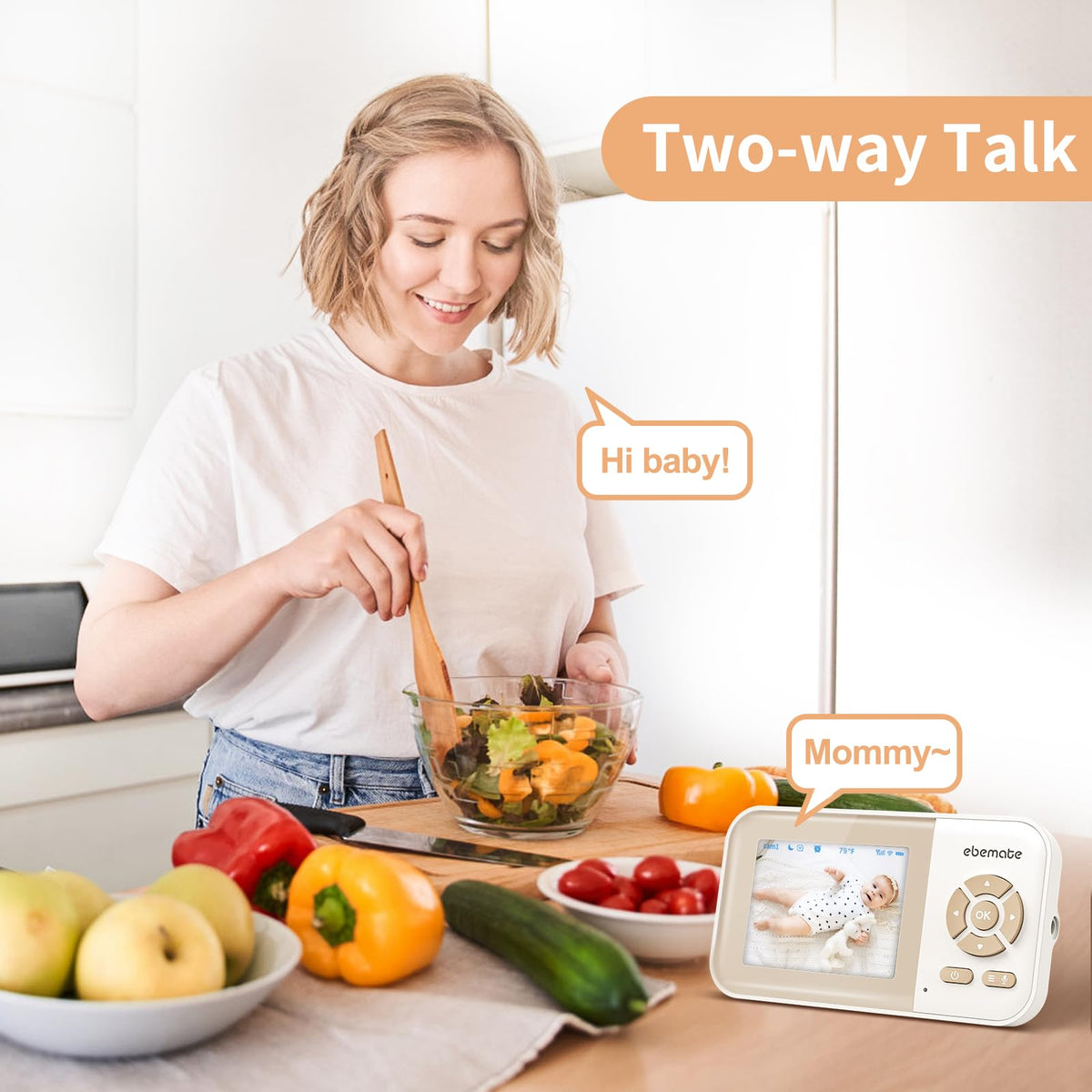 ebemate Video Baby Monitor Camera with 2.8" LCD Screen Video & Audio No Glow Night Vision,2-Way Talk Audio Cam Baby Monitoring 1200FT Range EBE28
