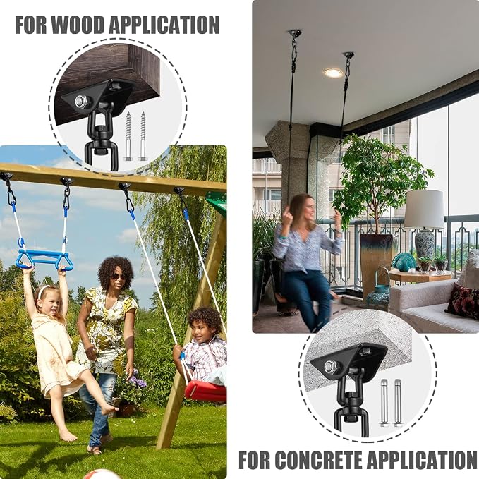 2-Pack Hammock Hanging Kit, 360-Degree Swivel Heavy-Duty Swing Hooks, Supports 1200 lbs, Stainless Steel Swing Hardware for Hammocks, Playgrounds, Yoga, Chairs & Heavy Bag. Installs on Concrete/Wood.