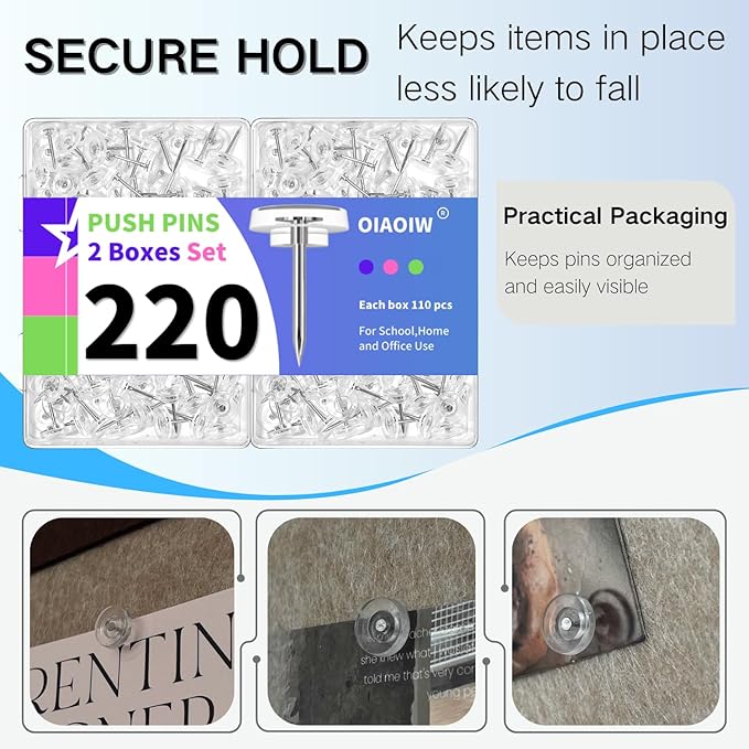 220 PCS Flat Clear Push Pins for Wall Thumb Tacks for Walls Flat thumbtacks Push pin for Bulletin Board Shadow Box Display Thumbtack for Cork Board (2 Boxes Clear)