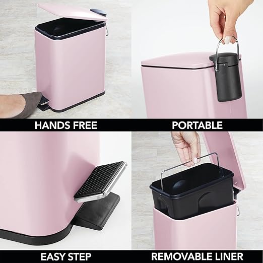mDesign Slim Metal Rectangle 1.3 Gallon Trash Can with Step Pedal, Easy-Close Lid, Removable Liner - Narrow Wastebasket Garbage Container Bin for Bathroom, Bedroom, Kitchen, Office - Matte Blush Pink
