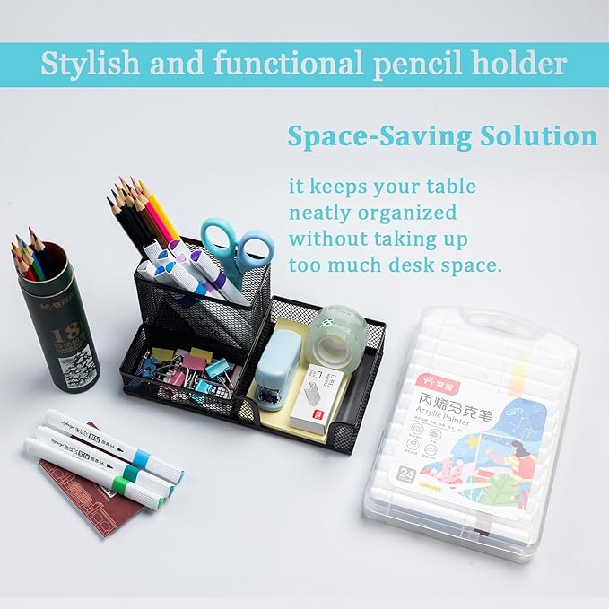 2 Pieces Pen Holder Mesh Metal Pencil Holder Desk Organizers Black for Desk Office with 3 Compartments Pencil Holders,Desktop Storage Caddy Organization,Suitable for School, Home,Black