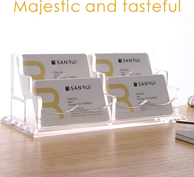 SANRUI Clear Horizontal Business Card Holder Stand for Desk, Acrylic Desktop Display Name Cards Holders Organizer Storage Rack,for Exhibition, Home , Office ,2 Tier 4 Pocket, 240 Card Capacity