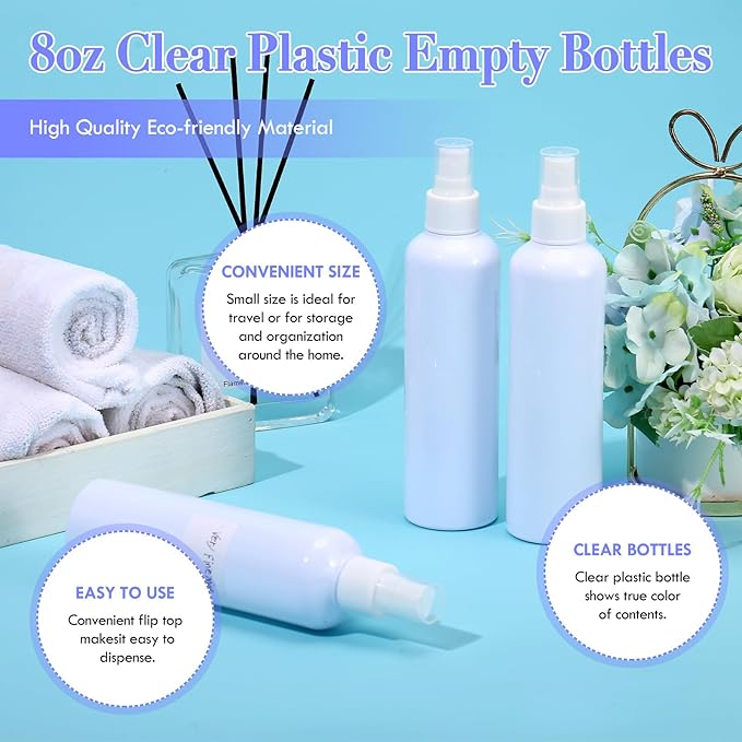 Eccliy 32 Pcs 8 oz Spray Bottles Fine Mist Cleaning Bottles Clear Empty Plastic Travel Sprayer Refillable Sprayer with Cap for Cleaning Solutions Oils Travel Perfumes(White,Colored)