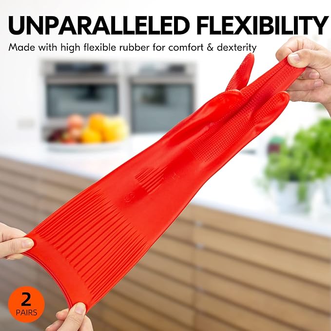 Vgo 2-Pairs Dishwashing Gloves - Reusable Household Kitchen Gloves, Long Sleeve, Thick Latex, Cleaning, Washing, Working, Painting, Gardening, Pet Care (Size M, Red, RB2143)