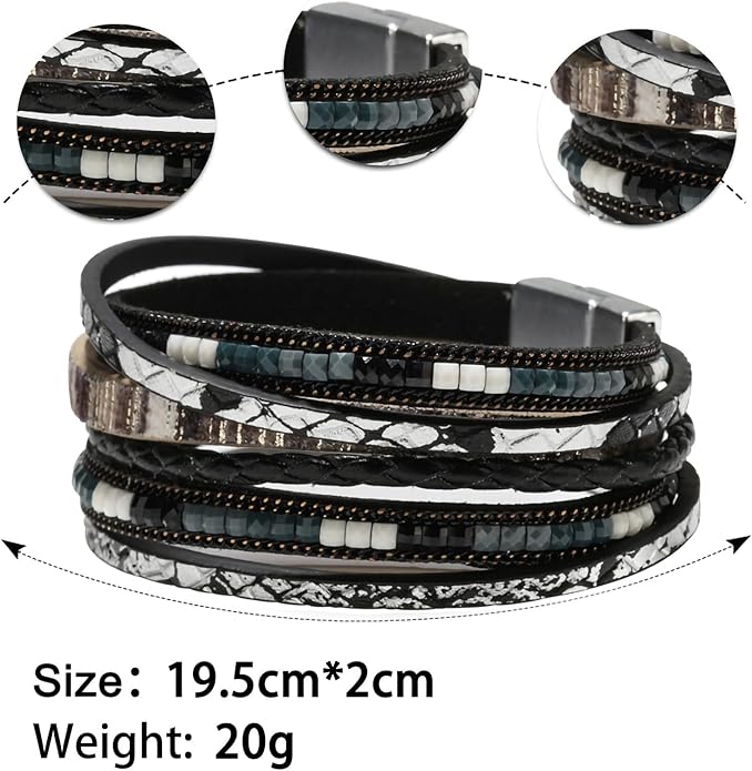 Fesciory Leather Wrap Bracelets for Women, Boho Leopard Multi-Layer Crystal Beads Cuff Bracelet Jewelry