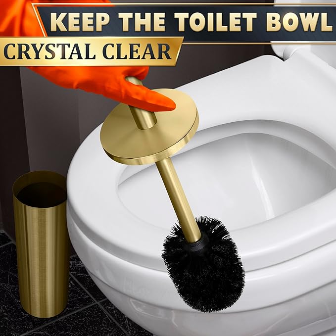 Gold Toilet Brush and Holder Set - Brushed Stainless Steel Gold Toilet Bowl Brush and Holder with Replacable Head, Removable Inner Bowl, and Splash Protection - Dense Bristles for Through Cleaning