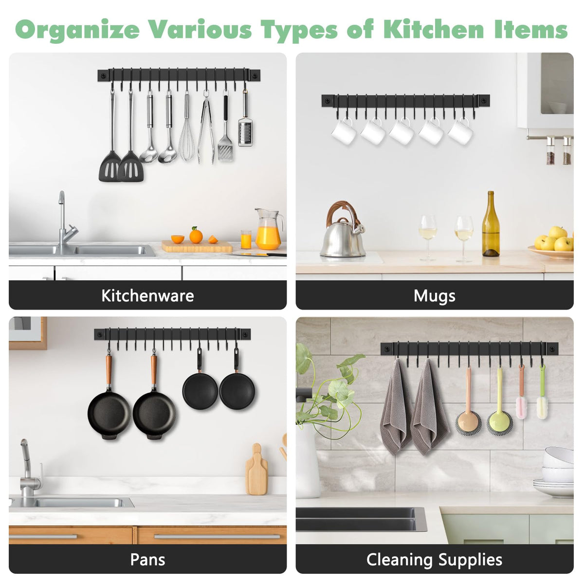 Housolution Kitchen Rail with 15 Hooks, 16 Inch Wall Mounted Hanging Utensil Rack Kitchen Utensil Hanger for Kitchen, 1 Pack, Black