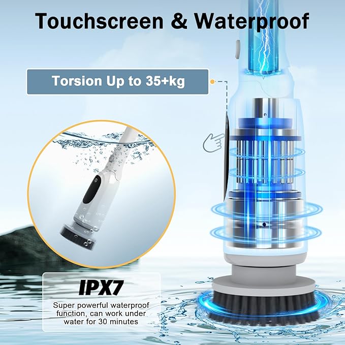 Electric Spin Scrubber, 2025 Upgraded Cordless Bathroom Scrubber, Aluminum Alloy Telescopic Handle, Shower Cleaner Brush with LED Display, 3 Speeds, 8 Brush Heads, IPX7 Bathtub Electric Cleaning Tool
