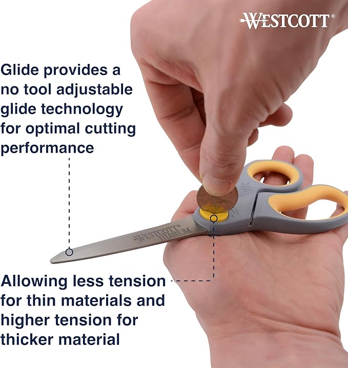 Westcott 8-Inch Titanium-Bonded Scissors with Adjustable Glide Feature for Office and Home - Gray/Yellow