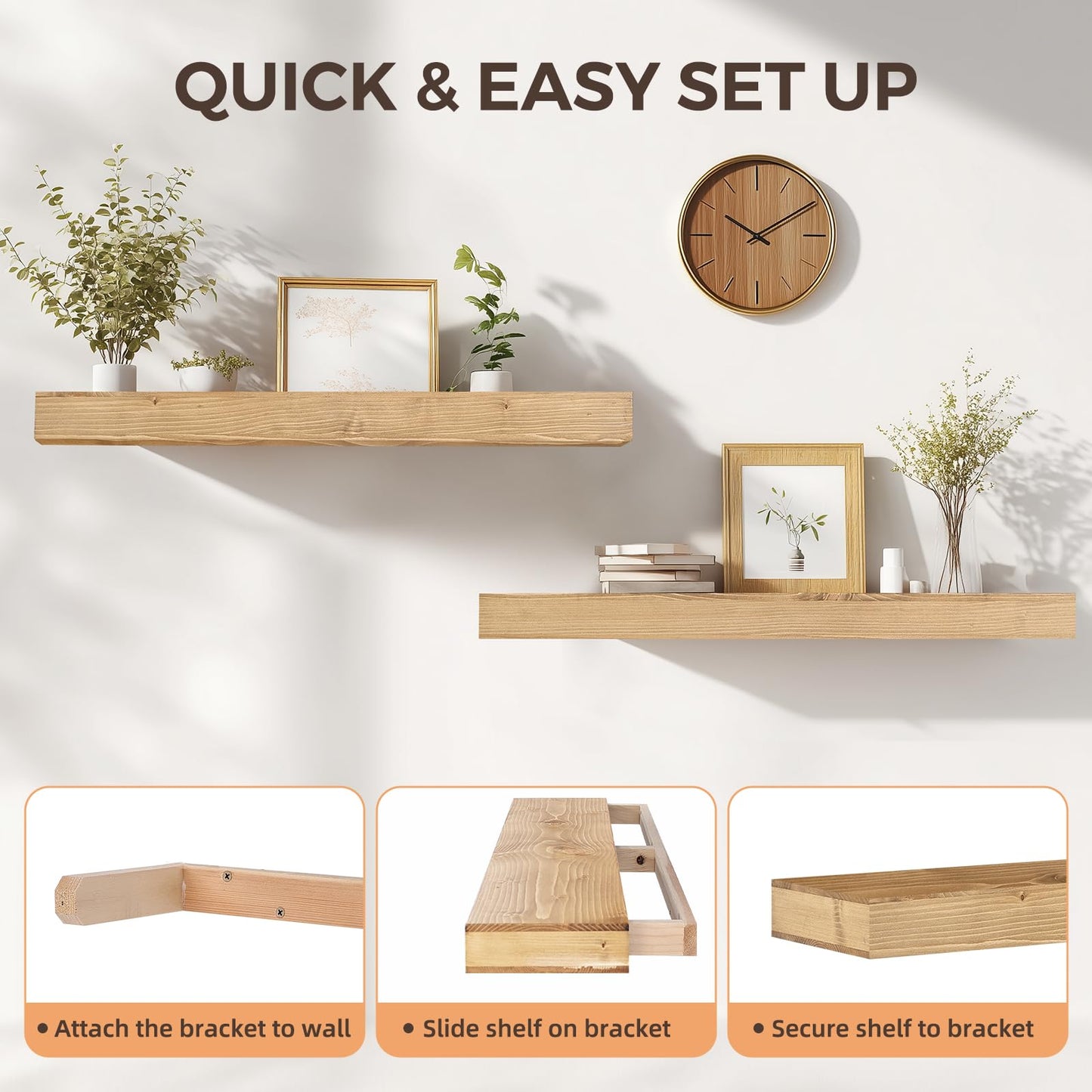 YLYHSST 36x6.8x2 Inch Rustic Floating Shelves for Wall Set of 2 - Oak Solid Wood Wall Mounted Shelves with Invisible Bracket, Extended Design for Farmhouse Living Room Bedroom Kitchen Decor