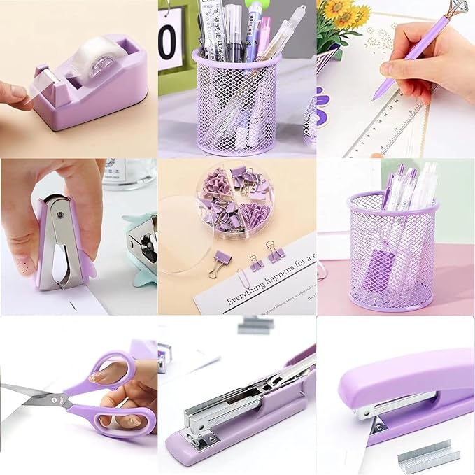Purple Desk Accessories, Pink Office Supplies Set with Stapler, Tape Dispenser, Staple Remover, Pen Holder, Scissor, Binder/Paper Clips, Ballpoint Pen, Clear Tape and 1000pcs Staples