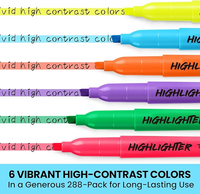 Taja 288 Pack Highlighters Bulk Assorted Bright Colors, 6 Colors Chisel Tip Highlighters Markers Set with No Bleed Ink, Perfect for School & Office Supplies