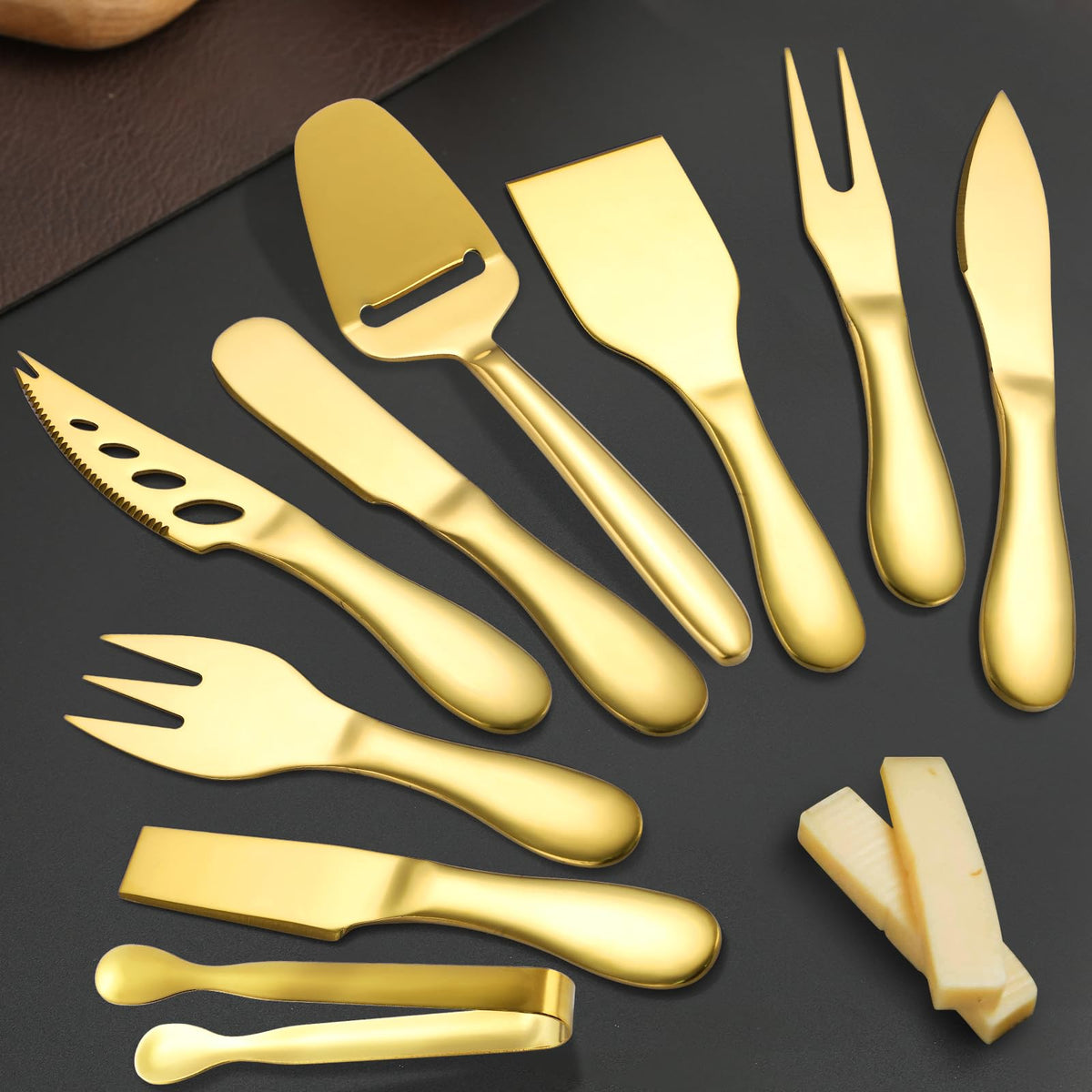 Premium Stainless Steel Gold Cheese Tool Set - 12 Piece Cheese Knife & Cheese Markers Gifts Set - Cut, Butter Spreader Slicer Mini Serving Tongs,Birthday Wedding Christmas All Your Favorite Cheeses