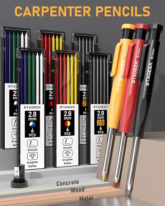 34 Pack Carpenter Pencil Set with Sharpener, Mechanical Carpenter Pencils with Deep Hole Long-Nib Marker Pens, Carbide Scribe Tool & Construction Pencils for Architect Woodworking with Case