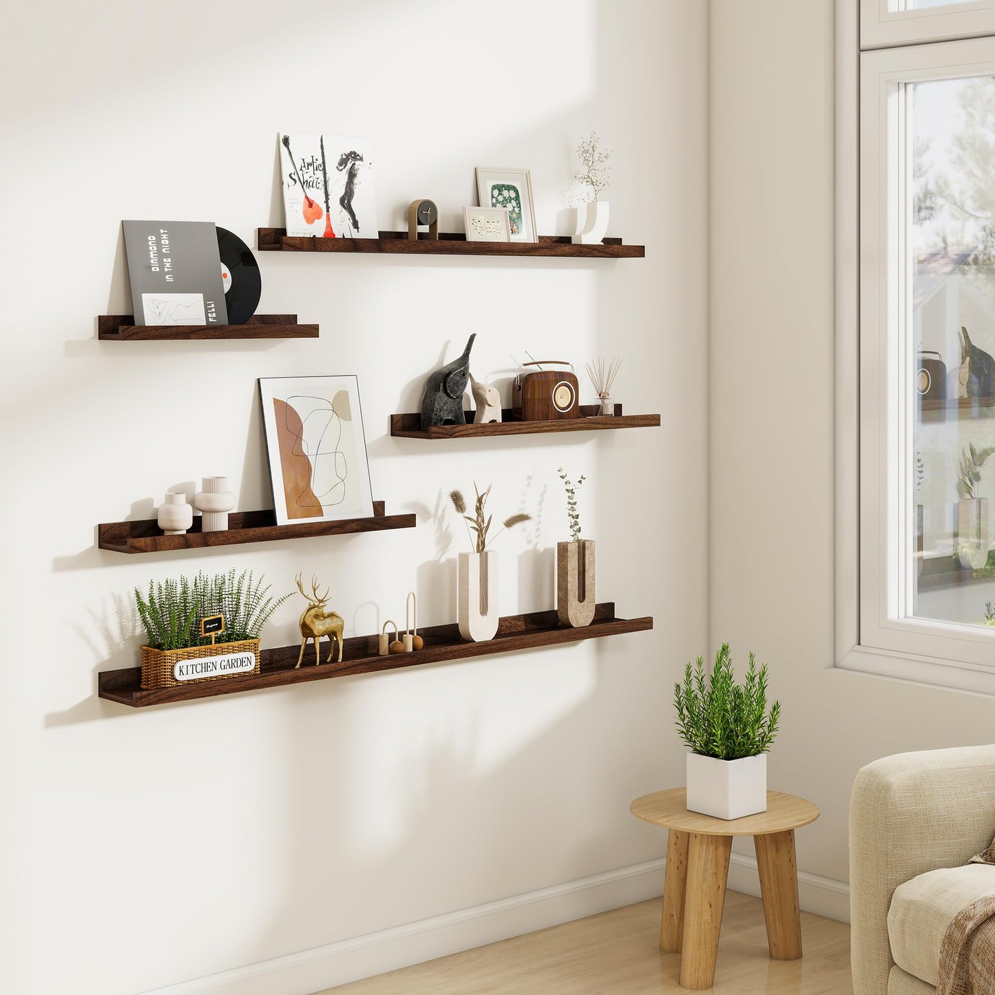 Acovy Picture Ledge Shelf Set of 6, 48 inch Long Large Floating Shelves for Wall with Lip, Wall Mounted Shelves for Living Room, Bedroom, Bathroom, Kitchen, Nursery,Walnut