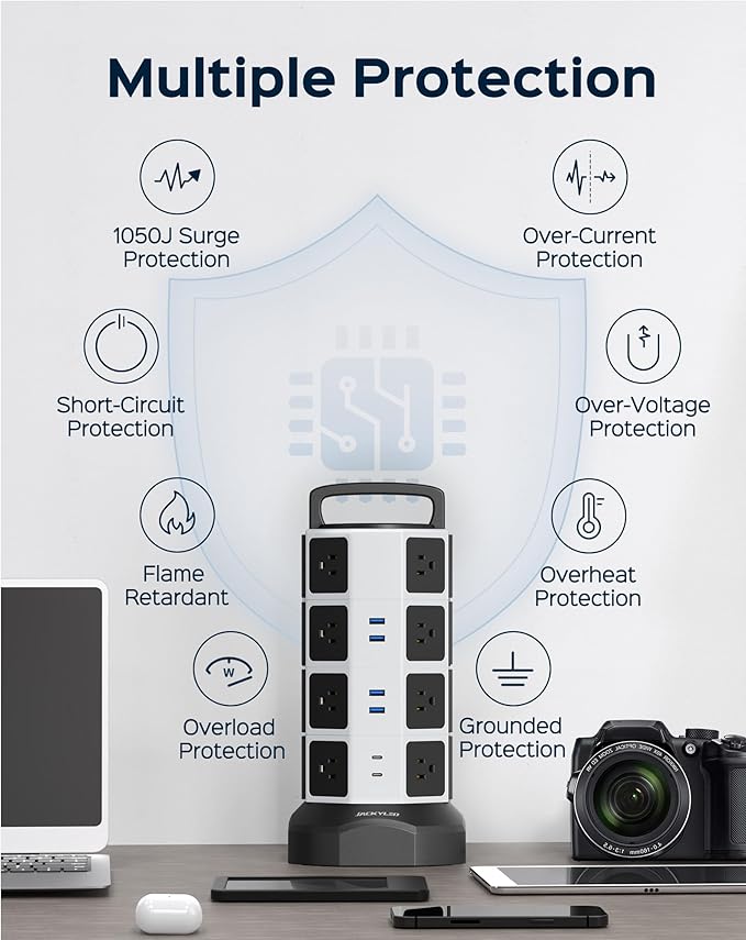 Power Strip Tower Surge Protector - JACKYLED 16 AC Outlets(13A) 6 USB Ports Electric Charging Station, 1050J Surge Electric Tower, 1625W Outlet Extender, 6.5ft Heavy Duty Extension Cord for Home