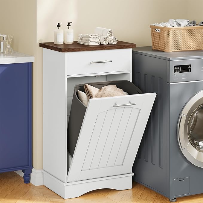 HOOBRO 10 Gallon Tilt Out Trash Cabinet, Kitchen Trash Can,Trash Bin Storage, with Flip Door and Large Drawer, Hidden Laundry Hamper Cabinet, for Kitchen, Laundry, White and Walnut WH02LJ01