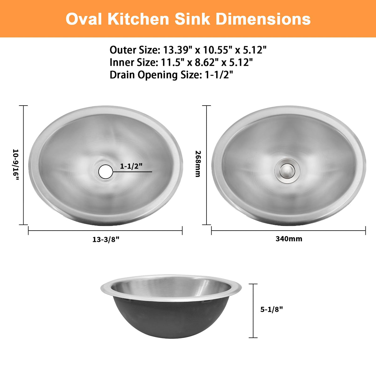 LQS Oval RV Kitchen Sink Stainless Steel, Stainless Steel Bar Sink, 13.39" x 10.63" Small Bathroom Kitchen Sink, 5.12" Depth, RV Kitchen Bar Sink with Sink Drain Assembly