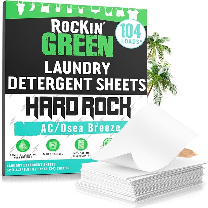Rockin' Green Hard Rock Travel Laundry Detergent Sheets for Hard Water - Mess-Free Laundry Sheet Detergent with Sodium Bicarbonate - Easily Dissolvable Laundry Soap Sheets (104 Loads, AC/DSea Breeze)