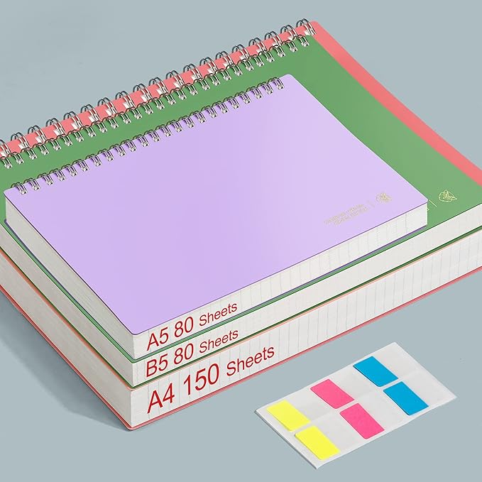 EMSHOI A4 Spiral Notebook College Ruled Lined Journal, 11.2" x 8.27", 300 Pages, 100gsm Thick Paper, Waterproof Softcover, Twin-Wire Binding, Sticky Notes, LightBlue