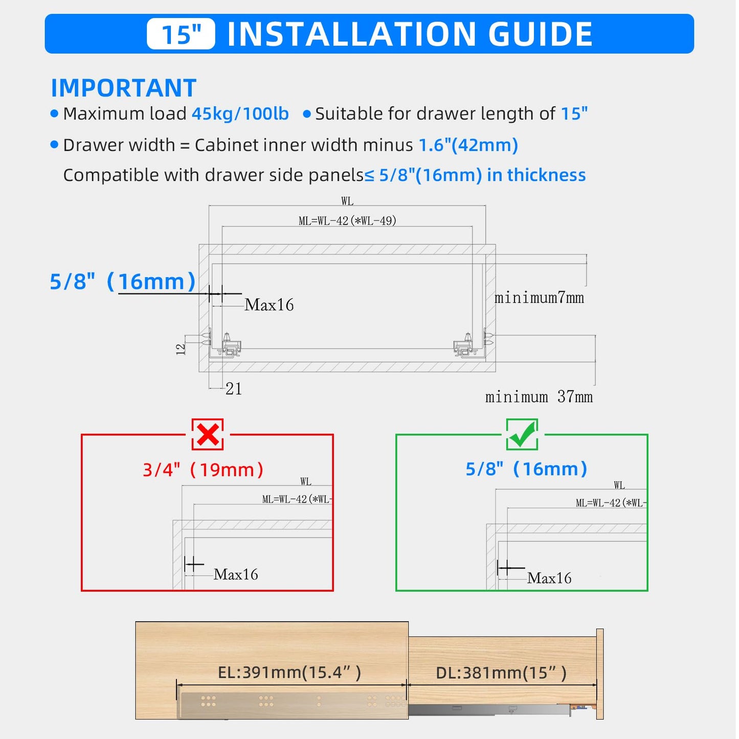 PHWALK 15 Inch Soft Close Undermount Drawer Slides, Full Extension, 100 Lbs Heavy Duty, Concealed Rails with Rear Mount Brackets for 5/8" Side Thickness, Face Frame or Frameless Application (1 Pair)