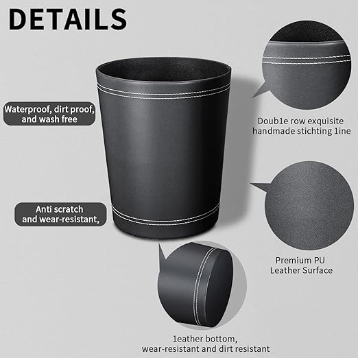 3 Pack Black Round PU Leather Wastebasket,Trash Basket,Small Trash Can Wastepaper Baskets Garbage Can Container Bins for Bathrooms,Home Decorative,Offices,Kids Rooms,Bedroom (Black)
