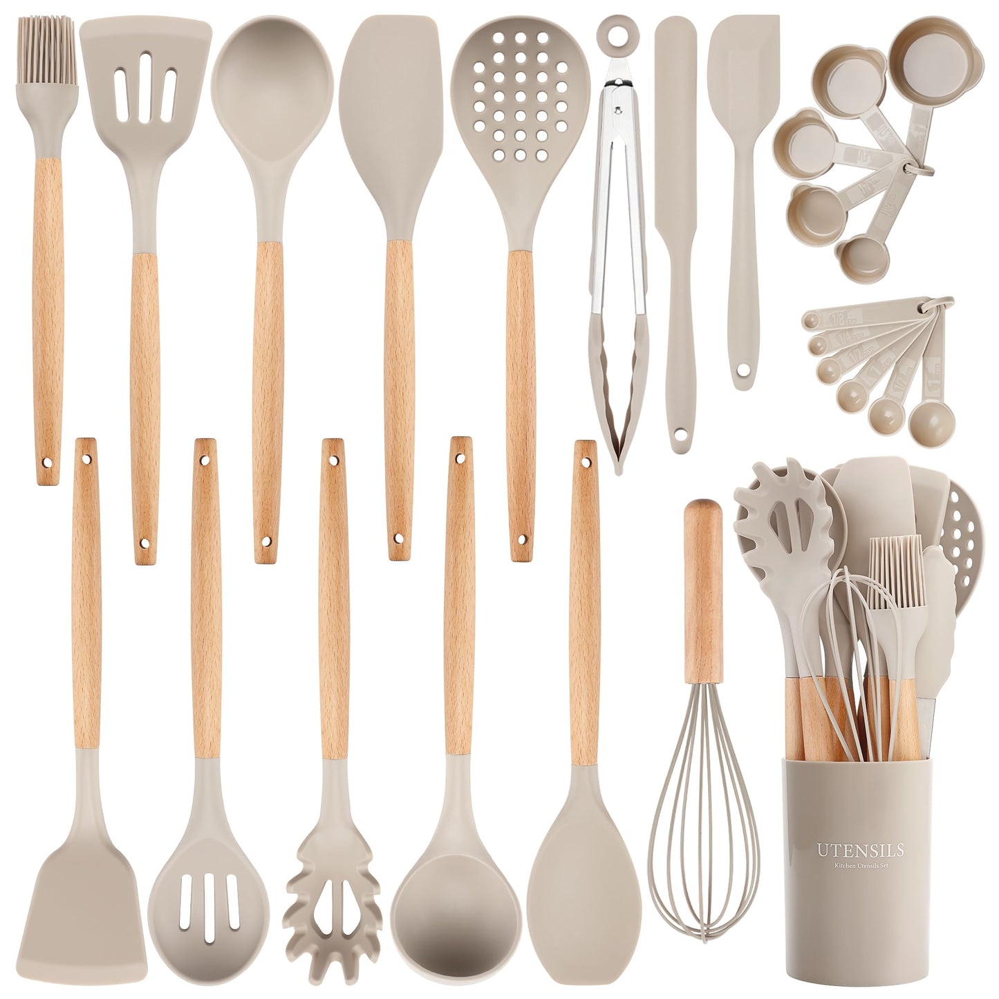 26 Pcs Silicone Cooking Utensils Set with Holder, NCUE BPA Free Kitchen Utensils Set for Cooking, 446°F Spatulas Silicone Heat Resistant Wooden Handle Spoon Tongs Non-stick Kitchen Gadgets (Khaki)