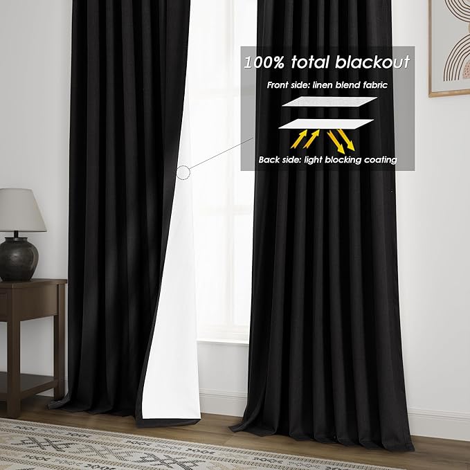 Black Linen Blackout Curtains 96 Inches Long 2 Panel Set for Living Room Back Tab Thermal Insulated Light Blocking Drapes Modern Farmhouse Energy Saving Bedroom Curtains with White Liner 8 Ft