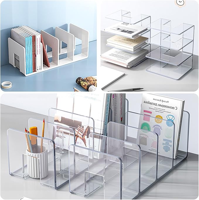 2PCS Acrylic File Organizer for Desk, Desktop Document/Mail Organizer, 4 Compartments Plastics Invisible Bookshelf Floating (12.5" x 5.7" x 5", White)