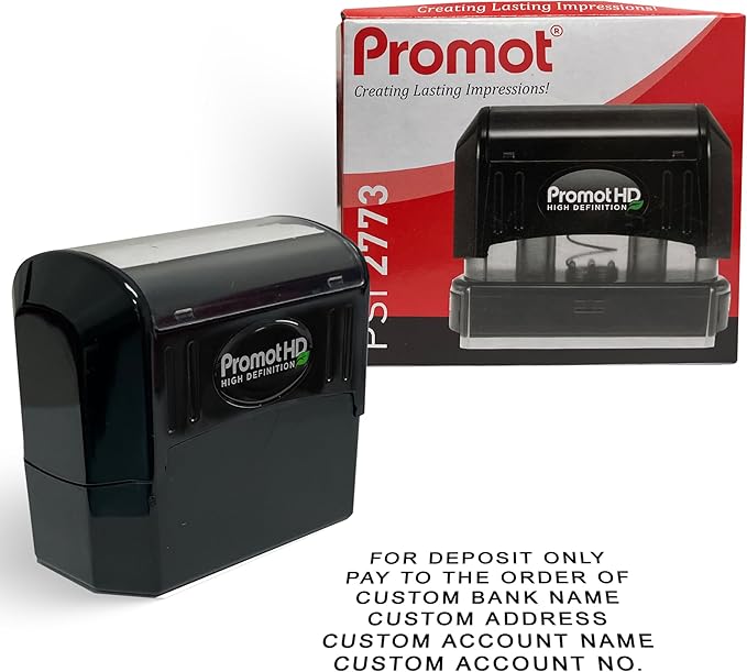 Promot Pre-Inked Custom Deposit Stamp - Personalized Text, Refillable Custom Stamp with Built-in Ink Reservoir, Easy 3-Step Re-Inking, Customized Rubber Stamp for Bank and Businesses (6-Lines)