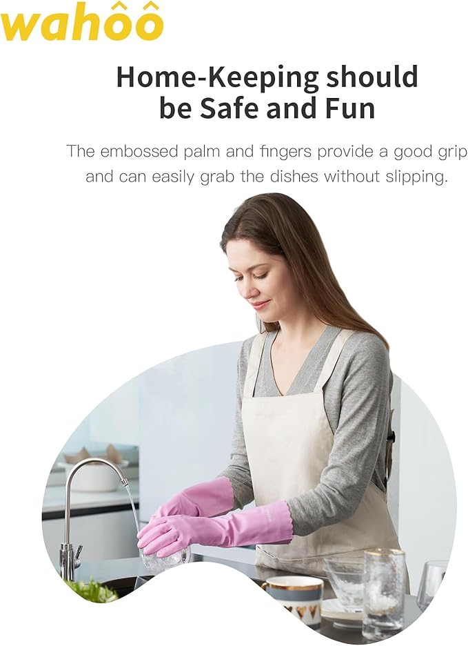 wahoo 3 Pairs Skin-Friendly Cleaning Gloves, Reusable Dishwashing Gloves with Flocked Cotton Liner, Dishwashing, Kitchen,Mauve Mist, Large