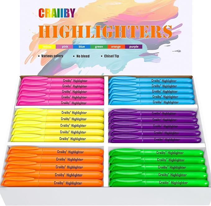 Highlighters, Chisel Tip, No Bleed, Assorted Colors, Dry-Quickly, 108 Count Bulk Pack