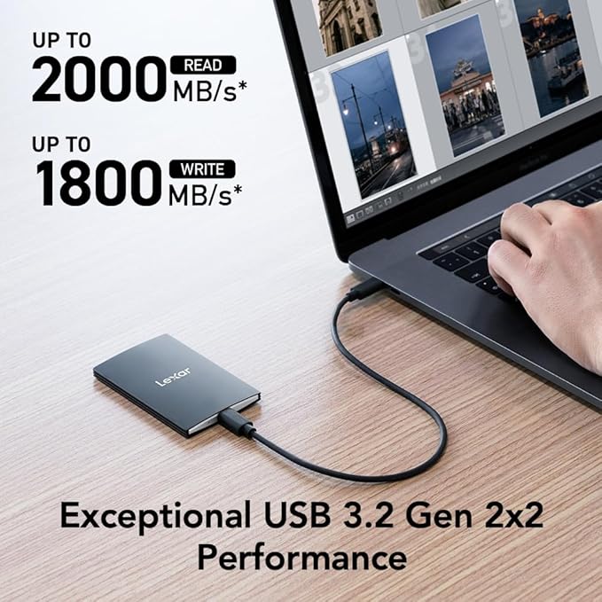 Lexar 1TB SL500 Portable SSD, Up to 2000MB/s, Compatible w/Type-C Laptops, iPhone 15/16, Smartphones, Tablets, PS5, Xbox, USB 3.2 Gen 2x2, Slim & Lightweight, External SSD, Black (LSL500X001T-RNBNU)