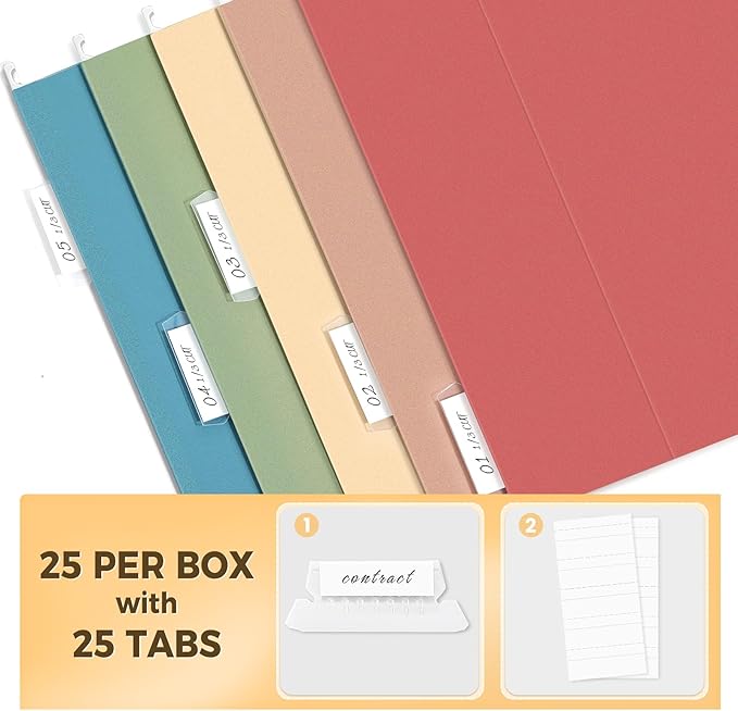 SUNEE Hanging File Folders Retro Colors, 25 Pack Letter Size File Folders with 1/5-cut Tabs, Stay Organized for Your Home and Office Bulk File and Documents
