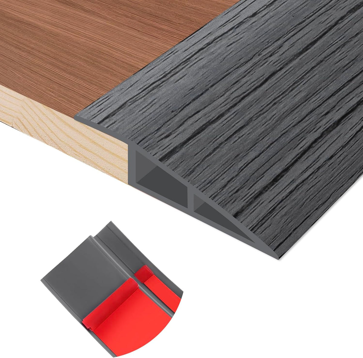 Floor Transition Strip Self Adhesive Vinyl Door Threshold for Doorways Carpet Edging Trim Overlap Edge Reducer for Laminate Floor, Carpet, Tile (Deep Gray Wood Grain, 3/5" to 4/5", 6.6Ft)
