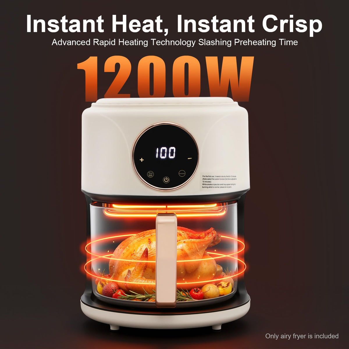 360° Viewable Air Fryer, 4.44 Qt Transparent Glass Air Fryer with 8 Preset Modes, 1200W Adjustable Temp 176°F-392°F Cooker with Digital Display for Home Kitchens & Restaurants