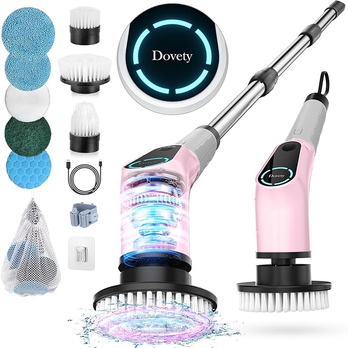 Electric Spin Scrubber, Cordless Cleaning Brush, Shower Scrubber with 8 Replaceable Brush Head, Power Cleaning Brush with Extension Handle, 2 Adjustable Speed, for Bathtub Tile Floor (Pink)