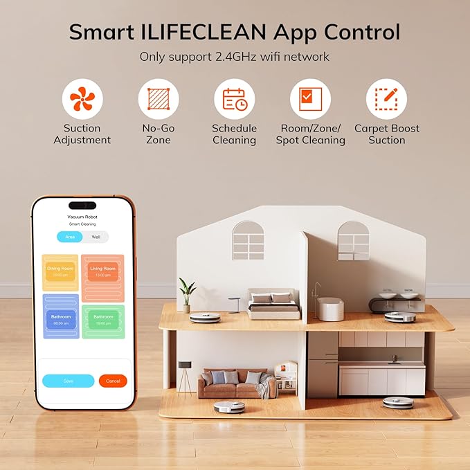 ILIFE A30s Robot Vacuum Cleaner, 10000Pa Max Suction Power with Lidar Navigation, Home Mapping, No-Go Zone, 150 Mins Max, 2.4G WiFi/App/Alexa/Remote Control, for Hard Floor, Carpet and Pet Hair