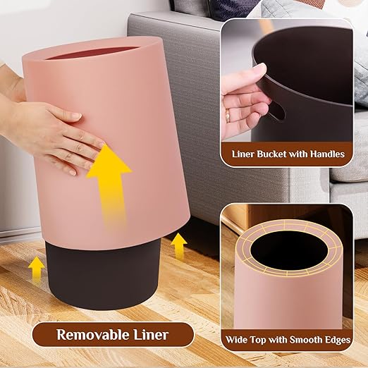 2 Pack Round Modern Trash Can Bedroom, 3Gal/12L Bathroom Trash Can Hidden Bag, Open Top Trash Bin Round Plastic, Minimalist Pink Garbage Can with Inner Bucket (with 2 Handles) for Kitchen Office